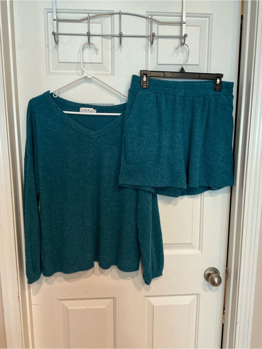 Zenana Outfitters Teal V-Neck Knit Lounge Top & Shorts Set